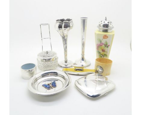 A collection of silver including a silver specimen vase, of floral form, Chester 1905, another by Joseph Gloster, Birmingham 