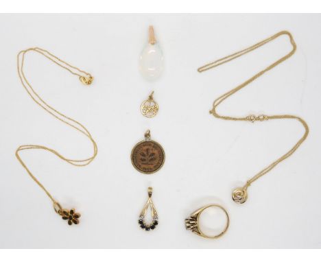 A 9ct cz set ring, a sapphire and diamond set 9ct pendant, 9ct flower pendant on fine chain, a Glasgow rose pendant on chain,