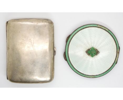 A silver and enamel powder compact, hallmarked Birmingham 1934, the lid set with a Chinese green hardstone and marcasite, tog