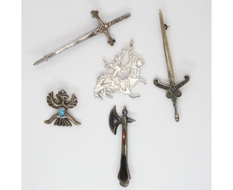 A Malcolm Gray Maeshowe silver pendant, and sword brooch, together with a Iona silver sword brooch, an agate inlaid axe brooc