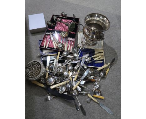 A collection of EPNS including a quantity of flatware, candelabra, an EPNS twin handled urn, cased cutlery etc Condition Repo