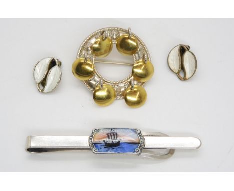 A pair of David Anderson enamelled leaf clip on earrings, a&nbsp;Norwegian silver gilt and enamel tie clip by Ivar T Holth, d