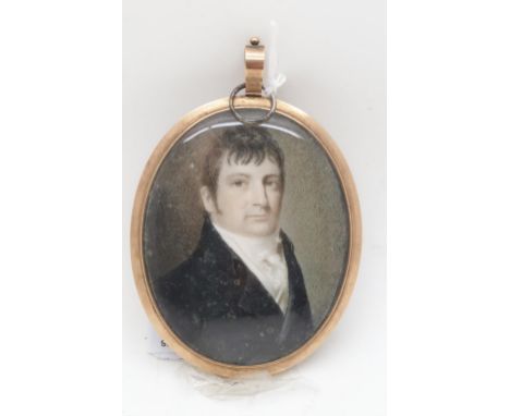 BRITISH SCHOOL PORTRAIT&nbsp;MINIATURE Regency gentleman, wearing silk cravat, 6.5 x 5cm Condition Report:Available upon requ