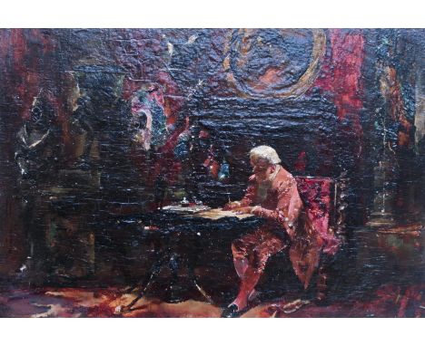 A ROFFE&nbsp;Gentleman writing a letter, seated in a baronial hall, signed, oil on panel, 18 x 25.5cm Condition Report:Availa