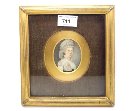 BRITISH SCHOOL PORTRAIT MINIATURE&nbsp; Lady with high powdered hair and lace dress, 7 x 5.5cm  Framed by James McClure &amp;