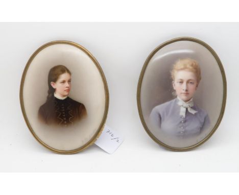 DRESDEN SCHOOL PORCELAIN PORTRAIT MINIATURES Young lady facing left and another facing front, each signed, Fr Till, 13 x 9.5c