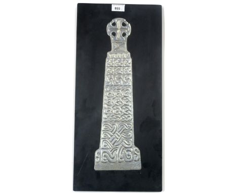 PAUL MORAFON (WELSH)&nbsp; CELTIC DESIGN IN PEWTER&nbsp; PEWTER, signed lower right, 56 x 26cm, together with a tapestry of a