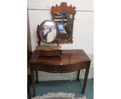 A Victorian mahogany and burr walnut three drawer dressing mirror, mahogany framed wall mirror, two drawer hall table and a m