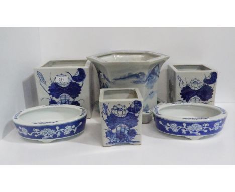 A set of three square graduated planters, a hexagonal planter and two dishes Condition Report:Available upon request