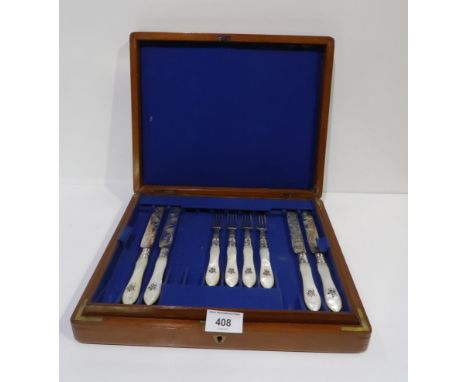 A cased canteen of mixed cutlery, including Victorian silver bladed and mother of pearl handled knives and forks, the blades 