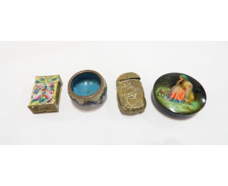 A circular Russian lacquer patch box depicting a girl and lamb, a brass vesta decorated with pandas and two cloisonné pieces 