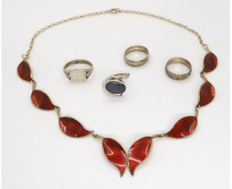 A David Andersen red enamel leaf necklace, an opal doublet silver ring hallmarked Edinburgh, two silver band rings and a sign