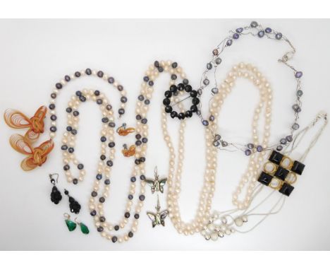 A pair of Mexican silver paua shell butterfly earrings, pearl necklaces and bracelets, a statement brooch and other items Con