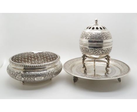 An Iranian silver censer, with chased floral decoration, the rim beaded, marked to base, and a Persian white metal incense bu