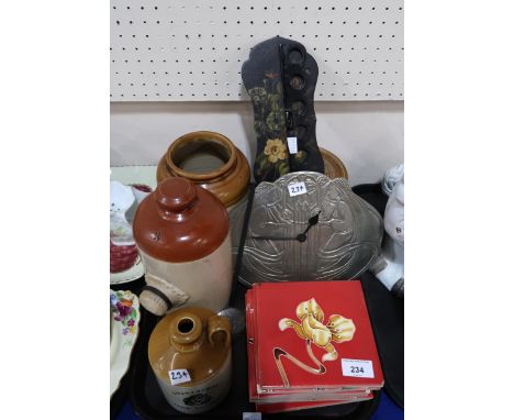 Modern tube lined tiles, a pewter clock, a lacquer pipe rack etc Condition Report:Not available for this lot.