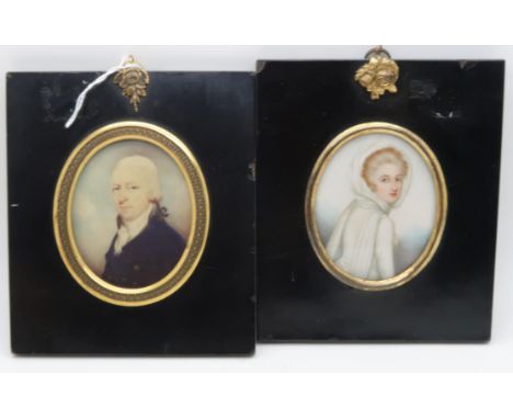 ENGLISH SCHOOL PORTRAIT MINIATURE PRINT Gentleman, 7 x 5.5cm and a lady, watercolour, 7 x 5.5cm (2) Condition Report:Availabl