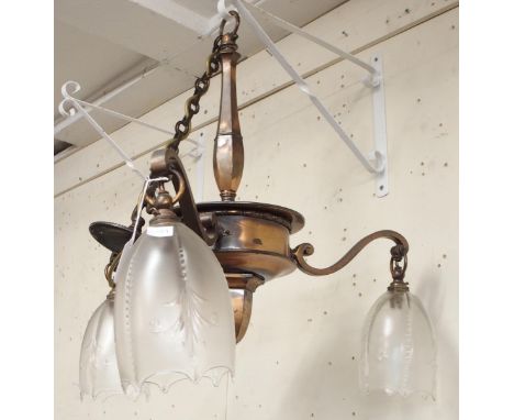 A Victorian copper three branch chandelier with moulded glass shades Condition Report:Available upon request