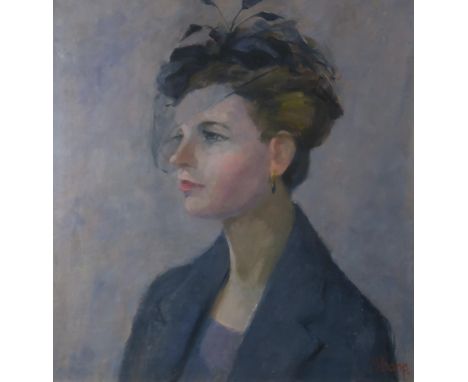 ELIZABETH SHARP (BRITISH)&nbsp; PORTRAIT OF A LADY WITH FASCINATOR&nbsp; Oil on board, signed lower left, 38 x 35cm, together