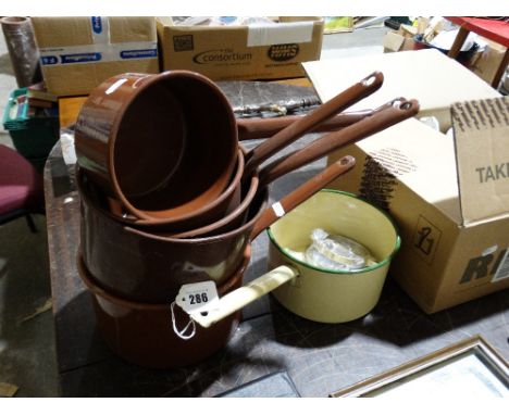     A Quantity Of Mid 20th Century Enamel Cooking Pans                              