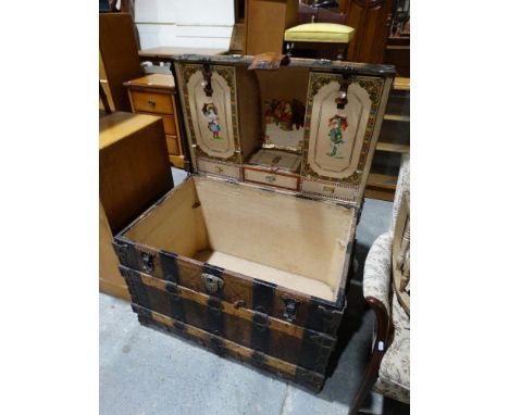     An Excellent Oak &amp; Metal Banded Dome Topped Travelling Trunk The Lid Retaining Its Original Scrap Book Cutting Decora