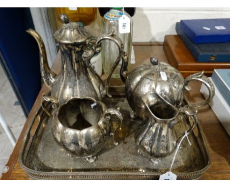     A Four Piece Plated Tea Service On A Non Matching Tray                           