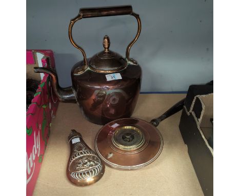 A copper kettle; a 2 height folding occasional table with brass trays; a copper cased barometer; an 18th century embossed cop