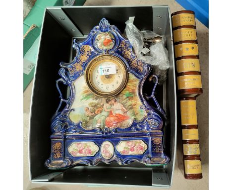 A Victorian china mantel clock; 2 whisky 'books/decanters'; 3 silver teaspoons; a selection of others 