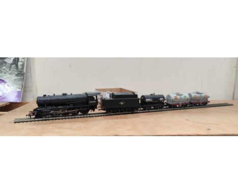 A Bachmann 00 gauge locomotive and tender 90445 and three shell tanker wagons 