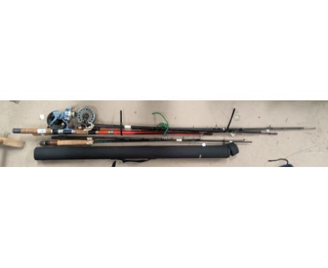 Various fishing rods, 2 with fly reels and 1 fixed spool reel; a Challenge 3 sectional 916 rod and case 