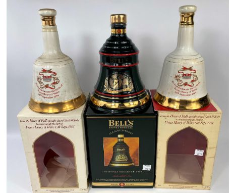 Three Bells Fine Old Scotch Whiskey decanters boxed with contents, Prince Harry commemorative births 1984 x 2 (1 box a.f.) an