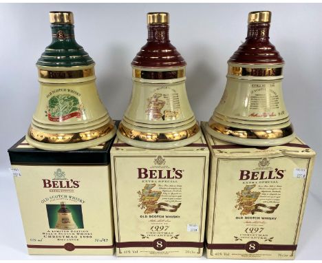 Three Bells Fine Old Scotch Whiskey decanters boxed with contents, all aged 8 years 2 x 1997 Christmas and one 1998 Christmas