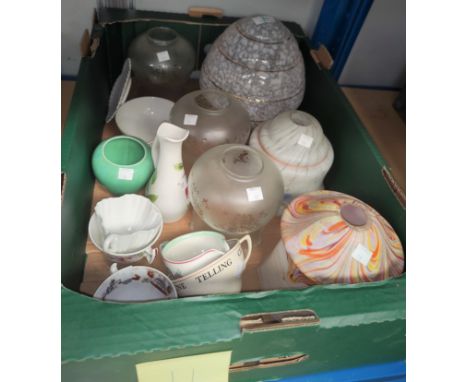 A selection of vintage glass light shades and various miniature decorative pottery etc 