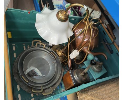 A 19th century copper kettle; an Edwardian style table lamp; an enamel basket, 2 coffee grinders etc 