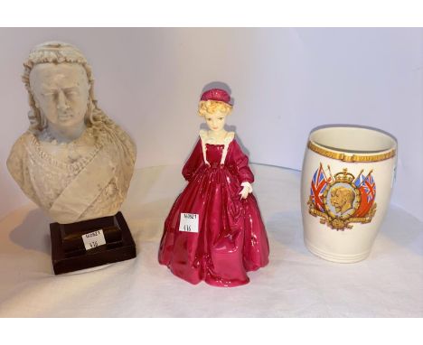 A Royal Worcester 1930's figure "Grandmother's Dress" by F.G.Doughty, a modern resin bust of Queen Victoria, a George V Silve