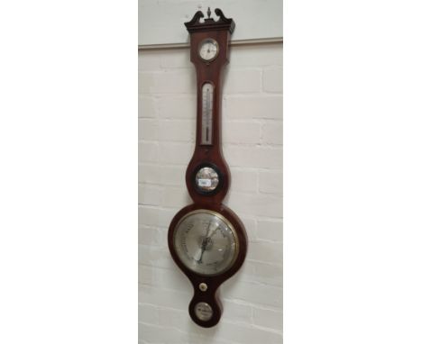 A 19th century mercury column barometer with level, thermometer and hygrometer, in inlaid mahogany banjo shaped case 