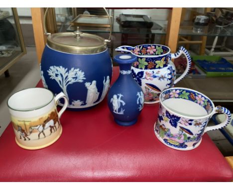 A Wedgewood blue Jasperware metal lidded biscuit barrel; other Jasperware etc. 