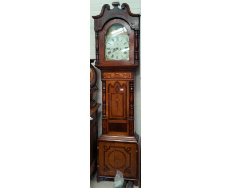 A Grandfather clock with painted dial for Matt & Co Cardiff with inlaid case depicting horses etc The clock is 8 day, has a k