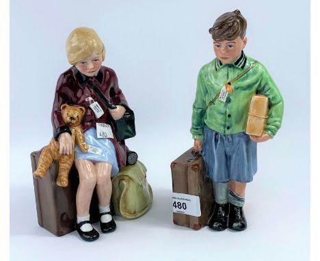 Three Royal Doulton figures: Girl Evacuee, HN 3203 &amp; Boy Evacuee, HN 3202; The Carpet Seller, HN 1464.&nbsp; There is a m