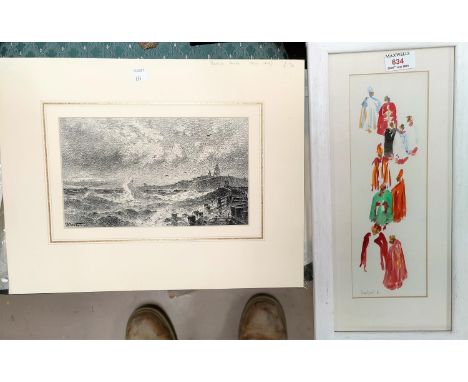 Dorothy Bradford 1918-2008:  "Cathedral Gathering", watercolour, signed, 31 x 10 cm, framed and glazed; Theodor Weber:  Storm