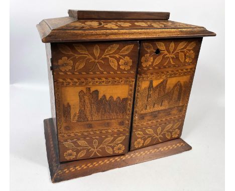 A Killarney dwarf table top cabinet with marquetry decoration, the hinged caddy top with shamrocks and farmhouse, twin doors 