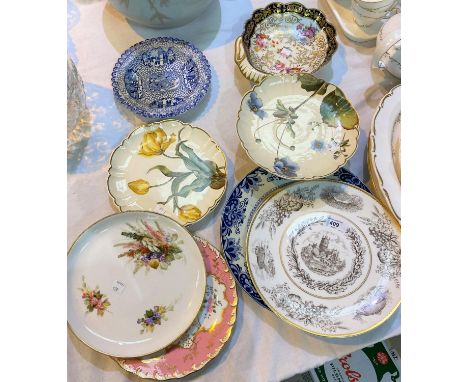 A 19th century hand painted Derby style shell dish; a pair of Royal Worcester hand painted plate and others 