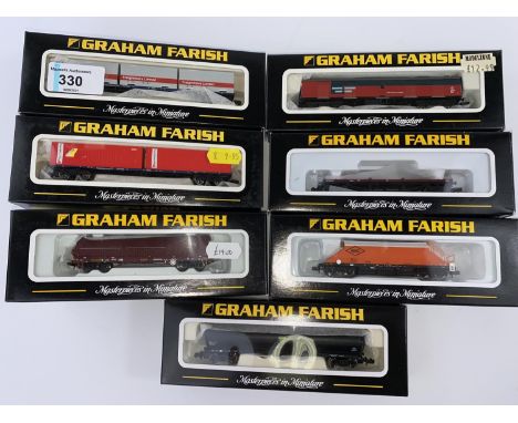 7 Graham Farish by Bachmann N gauge originally boxed wagons: 373-453, 373-826, 373-452, 373-925, 374-776, 373-552, 377-100 