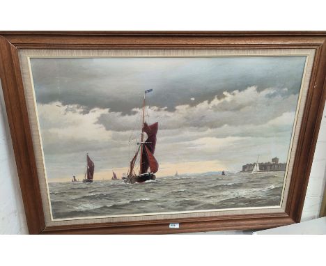 Roger Fisher: Coastal seascape with sailing barges and harbour wall, oil on canvas, signed, 60 x 90 cm, framed.&nbsp;&nbsp;Go