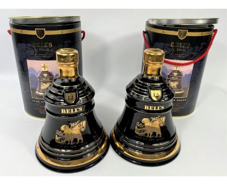 Two Bells Fine Old Scotch Whiskey decanters boxed with contents, 12 year old year of the Sheep 1991 x 2 