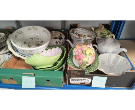 A Royal Worcester "Evesham" casserole dish; a large Portmeirion bowl, decorative teapots etc 