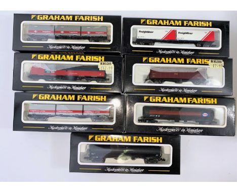 7 Graham Farish by Bachmann N gauge originally boxed wagons: 373-450a, 373-552, 373-453, 374-775, 373-451a, 373-600, 3704 