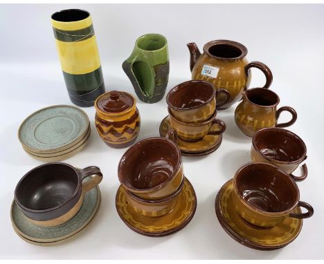 Tea service with slipware decoration and other glazed Studio pottery (teapot no lid) 