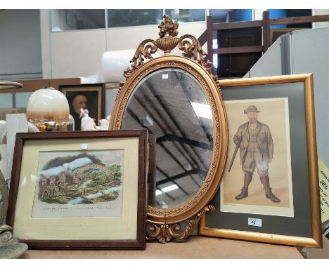 A Vanity Fair 'Spy' print; 2 watercolours; a racing print; a gilt mirror 