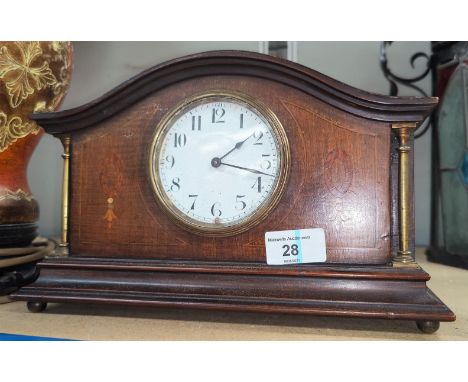 An Edwardian inlaid enamel dial mantel clock and two brass jam pans 