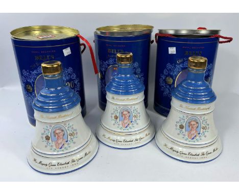 Three Bells Fine Old Scotch Whiskey decanters boxed with contents, Queen Mother's 90th Birthday 1990 